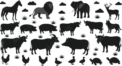 Farm and wild animal silhouette set, livestock wildlife collection, vector illustration with horse lion elephant deer cattle poultry clipart