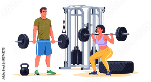 Man and woman exercising with weights in a gym setting, lifting and training together