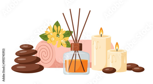 Spa day essentials arranged with candles, stones, and fragrance diffuser on a serene background