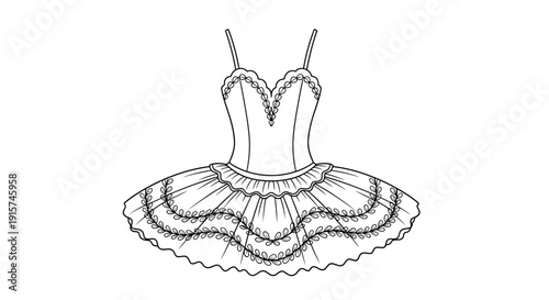 Elegant ballet dress illustration showcasing intricate details and delicate design on a clean white background from a front viewpoint