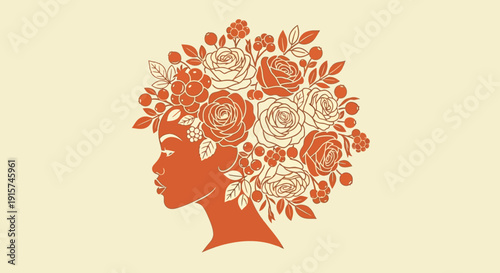 Woman's head filled with vibrant flowers and leaves in orange silhouette