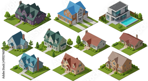 Aerial view of various modern and traditional houses in a suburban landscape with lush greenery
