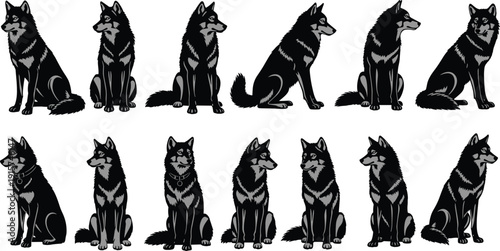 Husky dog silhouette set, sitting standing poses, domestic canine pet vector illustration, isolated breed clipart collection bundle graphic