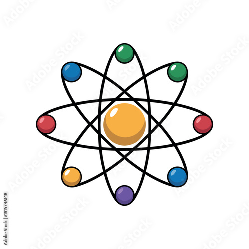 A colorful cartoon illustration of an atom with orbiting electrons and a large nucleus