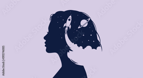 Woman with rocket ship in hair looking up at stars and planets