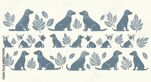 Collection of dog silhouettes surrounded by leaves in a serene landscape viewed from the side