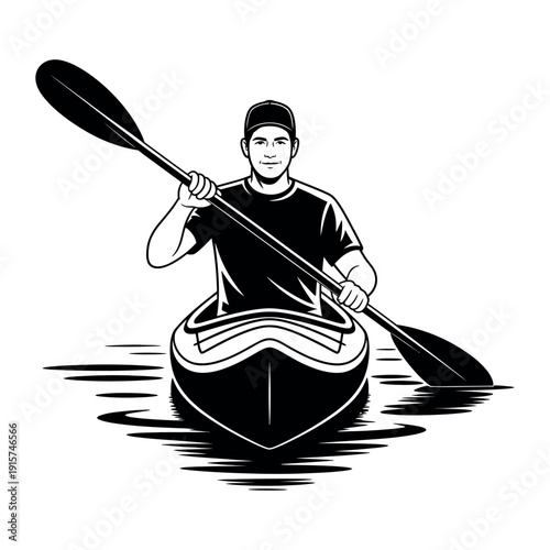 A man paddling a canoe on calm water with a serene expression on his face.