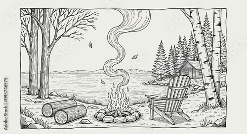 Serene lakeside camping scene with a campfire, chair, and trees viewed from a nearby clearing