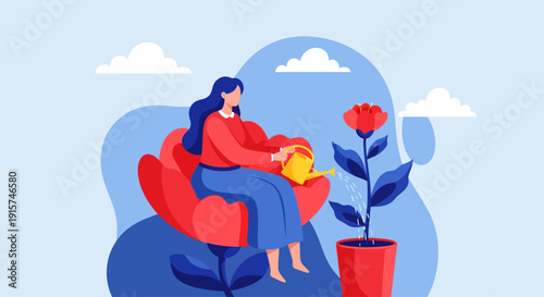 Woman relaxing on a red couch with a child and a potted plant nearby in a serene environment