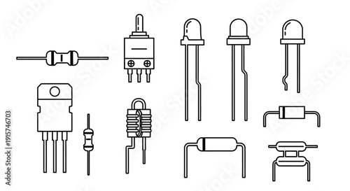 Various electronic components including diodes and transistors illustrated in a technical drawing style from a straightforward viewpoint