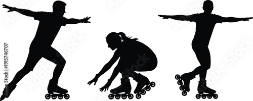 Roller skating silhouette set, inline skater performing tricks, active youth sport vector illustration, dynamic motion isolated fitness clipart collection