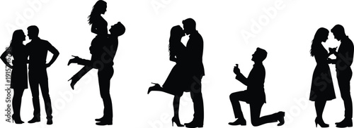 Romantic couple silhouette set, love proposal kissing poses, relationship moments vector illustration, isolated dating romance clipart collection bundle