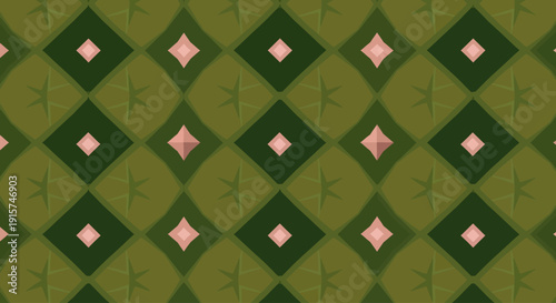 A visually appealing pattern of interlocking green diamonds and pink shapes creating a seamless graphic design illustration from a direct viewpoint