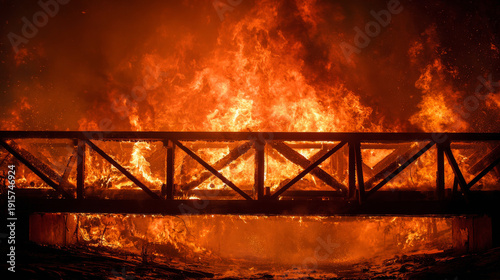 Burning wooden bridge in close-up with intense flames engulfing the structure