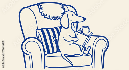 A dog sitting comfortably in an armchair, relaxing with a cup