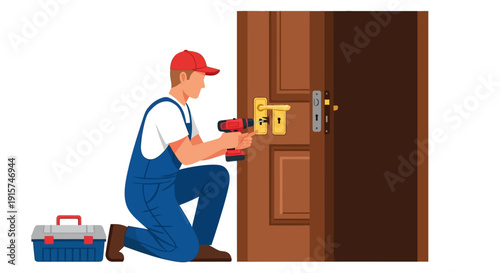 A carpenter installing a lock on a wooden door with a drill and toolbox beside him