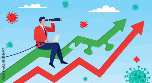 Man in red jacket analyzing upward trend graph amidst virus outbreak from elevated viewpoint