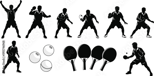 Table tennis player silhouette collection, ping pong action poses set, paddles and balls sport vector illustration bundle