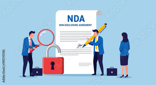 Business professionals examining Non-Disclosure Agreement document with magnifying glass and pencil