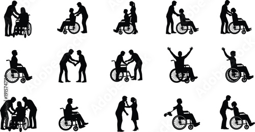 Wheelchair assistance silhouette set, caregiver helping disabled person, mobility support scenes, inclusive healthcare vector illustration, rehabilitation aid clipart collection