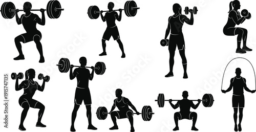 Weightlifting silhouette collection, gym strength training exercises set, barbell dumbbell workout athletes, fitness vector illustration isolated bundle