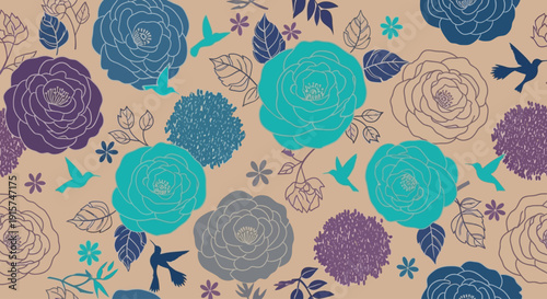 A vibrant floral pattern featuring flowers, leaves, and birds in various hues on a warm background, viewed from directly above.