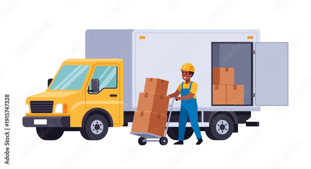 Fototapeta premium Delivery worker unloading packages from a large truck