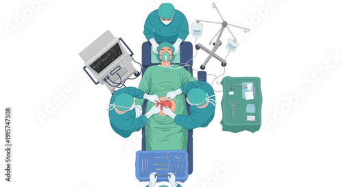 Surgical Operation Scene with Medical Team and Equipment in a Hospital Setting from an Overhead Viewpoint