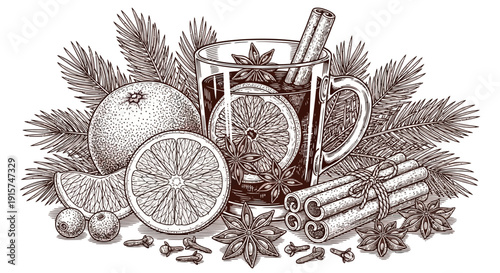Festive mulled wine illustration with oranges, cinnamon sticks, and pine branches surrounding a warm mug from a top-down viewpoint