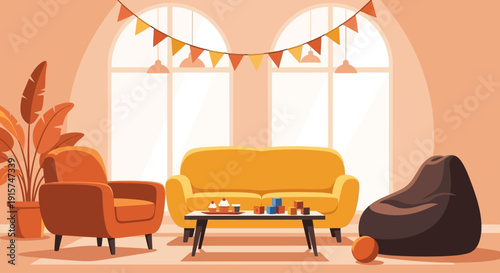 Cozy living room interior with yellow sofa, chairs, and festive decorations viewed from the front.