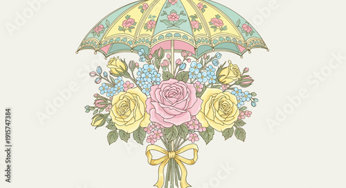 Floral bouquet with pink and yellow roses, baby's breath, under a decorated parasol, illustration, close-up view
