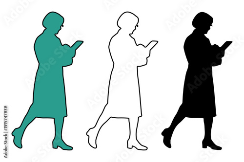 Silhouette of a woman walking and looking at her phone, representing modern communication and connection.