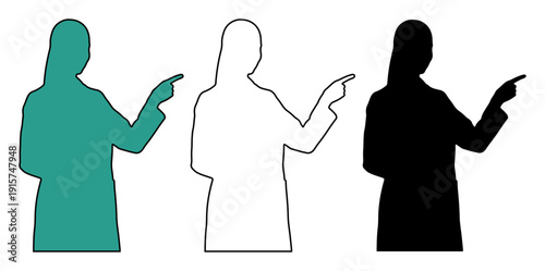 Three stylized figures in silhouette, one teal, one outlined, one black, all pointing to the right.