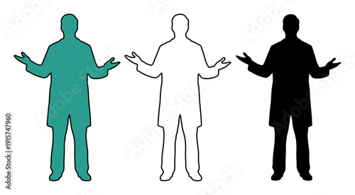 Three figures in lab coats, one colored, one outline, one silhouette, arms outstretched.