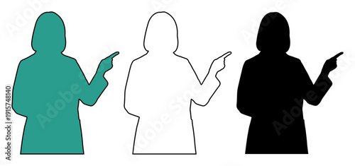 Woman in silhouette pointing to the side, demonstrating direction or presenting information.