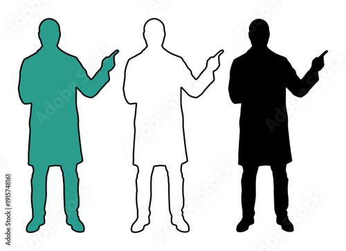 Silhouette of a scientist in a lab coat gesturing to the side, isolated on white background