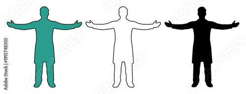 Three figures representing diversity in color and outline, arms outstretched welcomingly.