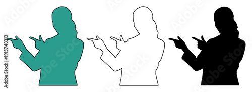 Woman presenting with confident gestures, depicted in teal, outline, and silhouette forms