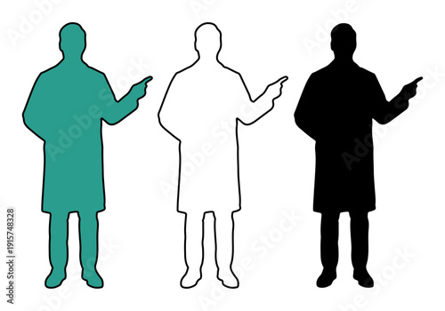 Three silhouettes of a person in a lab coat pointing to the side, representing different styles.