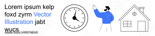 Time management, communication, home lifestyle, creativity, graphic design, placeholders. Includes a clock, a person pointing and a simplistic house. Time management and communication concept