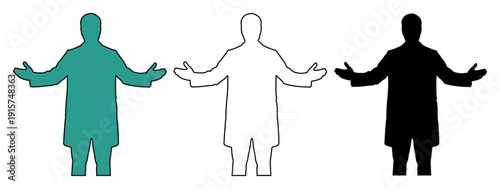 Three diverse figures in lab coats, arms open wide in welcoming gesture against white background.