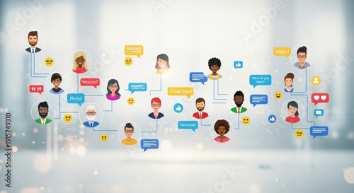 Diverse Social Network Avatars Connecting with Speech Bubbles in Digital Space Illustration