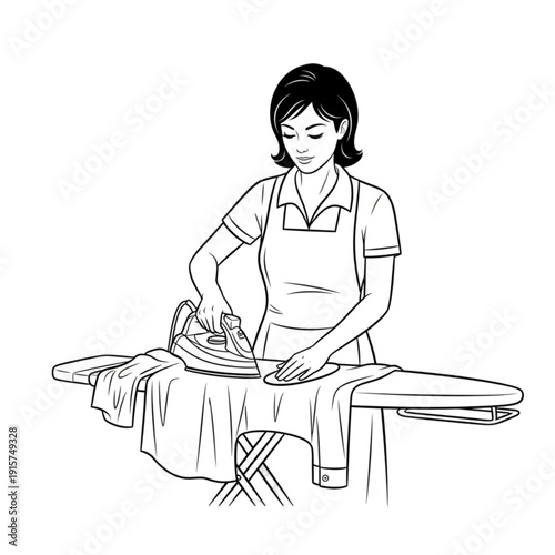 Woman ironing clothes on ironing board isolated on transparent background.