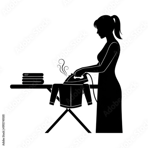 Woman ironing clothes on ironing board isolated on transparent background.