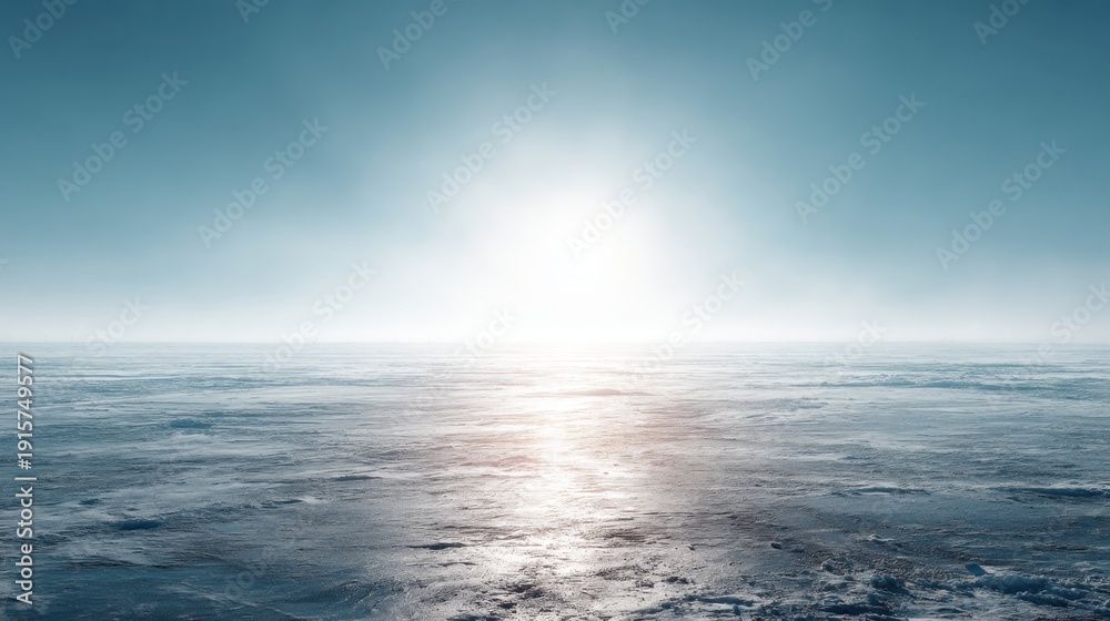 Fototapeta premium Serene Seascape with Glowing Horizon and Soft Mist Over Calm Waters Under Clear Sky at Dawn, Evoking Peaceful Nature and Tranquility