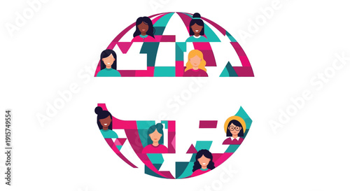 Diverse group of women portraits displayed within a stylized global network sphere icon