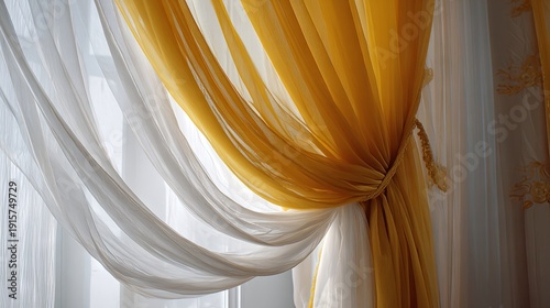 Stylish yellow curtains complemented by delicate white sheer tulle
