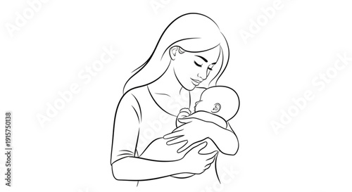Mother holding newborn baby close isolated on transparent background.