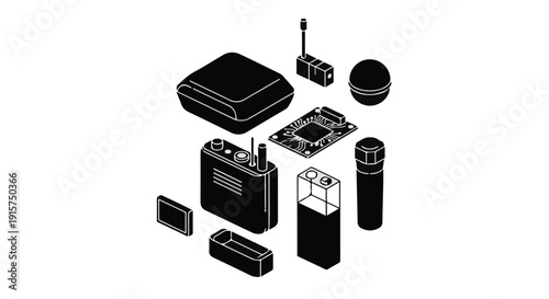 Disassembled electronic device components and parts on white background, showcasing internal hardware and technology for engineering, repair, or manufacturing concept