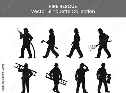 Fire rescue vector silhouette collection featuring firefighters in various poses with equipment on a white background for emergency services and safety designs